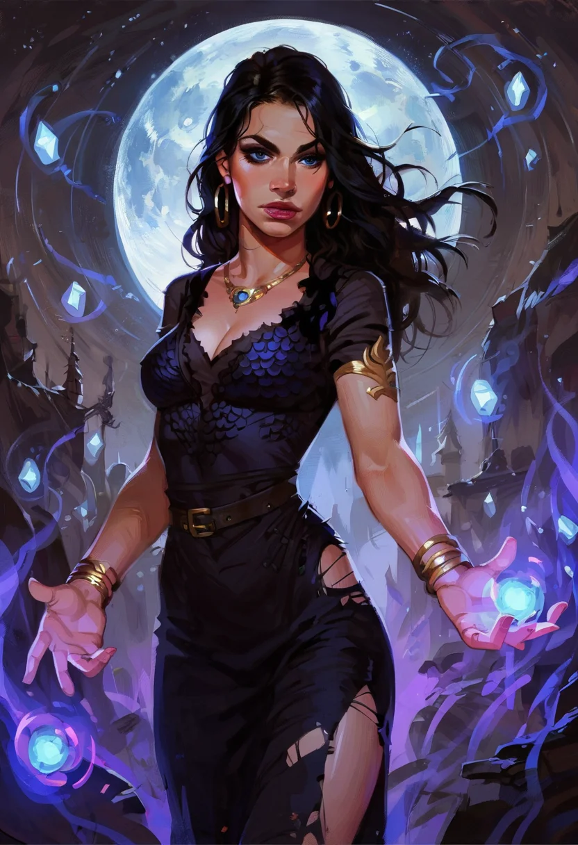 1girl, solo, beautiful woman, pale skin, blue eyes, makeup, black hair, long hair, breasts, detailed skin,
dress, cleavage, torn clothes, belt, armlets, hoop bracelets, jewelry,
background moon, flying crystal ball, purple energy magic, curse magic, hex magic,
high quality, dynamic lighting, sharp focus, dim light, dramatic ligh, warm light,
feminine pose, hips out, arched back, teasing look,
BREAK
score_9, score_8_up, score_7_up, score_6_up, source_cartoon, fantasy,
<lora:witchxl:0.8> <lora:1dkXLP:0.4> <lora:incase_v14:0.7>