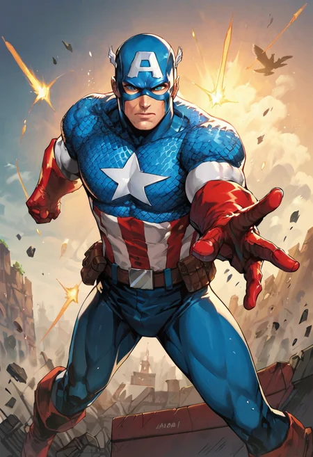 score_9, score_8_up, score_7_up, extremely detailed, highest quality, masterpiece, year 1942, 1man, cap7a1n_am3r1ca, superhero, perfect blue eyes, very handsome man, ready to box, fight stance