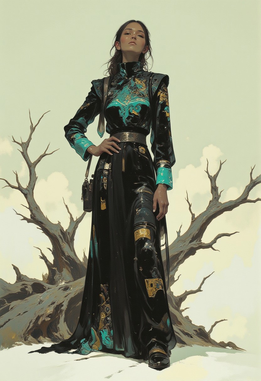 A hyper-realistic digital portrait of a tall woman with deep bronze skin and long, sleek black hair styled into a low ponytail. She wears a high-neck, form-fitting gown in jet black, subtly textured with glowing teal and gold Aztec patterns that shift like holograms under soft light. The studio has a single matte white floor and walls, creating a clean, minimalist backdrop. Behind her, a massive piece of driftwood, bleached white and twisted into organic shapes, leans at an angle, adding a surreal touch. She stands with one arm resting on the driftwood, her other arm raised delicately to adjust the folds of her gown, the glow of the patterns casting soft reflections on the neutral floor. ((anime, cyberpunk, DB4RZ, DB4RZ style painting, in the style of cksc, Nova-70s, Nova-80s, 0r1t1s.))