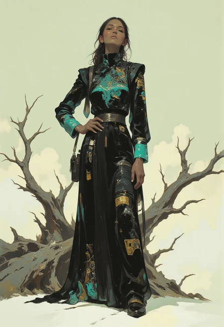 A hyper-realistic digital portrait of a tall woman with deep bronze skin and long, sleek black hair styled into a low ponytail. She wears a high-neck, form-fitting gown in jet black, subtly textured with glowing teal and gold Aztec patterns that shift like holograms under soft light. The studio has a single matte white floor and walls, creating a clean, minimalist backdrop. Behind her, a massive piece of driftwood, bleached white and twisted into organic shapes, leans at an angle, adding a surreal touch. She stands with one arm resting on the driftwood, her other arm raised delicately to adjust the folds of her gown, the glow of the patterns casting soft reflections on the neutral floor. ((anime, cyberpunk, DB4RZ, DB4RZ style painting, in the style of cksc, Nova-70s, Nova-80s, 0r1t1s.))