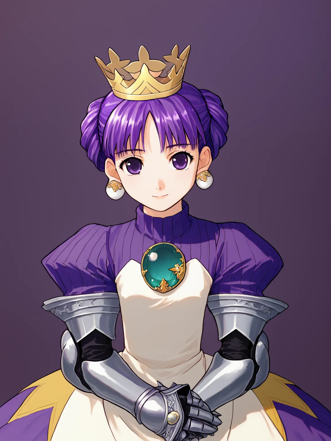 score_9, score_8_up, score_7_up, 1girl, solo, <lora:100_grad:1> gradriel, pcarmor, purple hair, purple eyes, hair up, crown, white earrings, grad turquoise brooch, grad purple turtleneck, grad dress, gauntlets, looking at viewer, slight smile, cute, hands in lap, fists