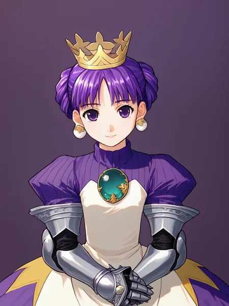 score_9, score_8_up, score_7_up, 1girl, solo, <lora:100_grad:1> gradriel, pcarmor, purple hair, purple eyes, hair up, crown, white earrings, grad turquoise brooch, grad purple turtleneck, grad dress, gauntlets, looking at viewer, slight smile, cute, hands in lap, fists