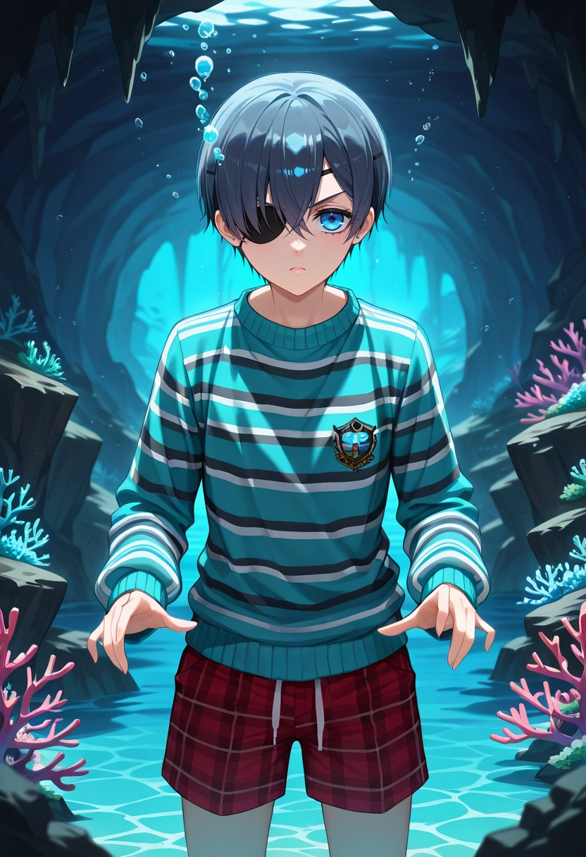 masterpiece, best quality, , , looking at viewer, 1boy, solo, male focus, <lora:ciel_phantomhive_ilxl:0.9>, ciel_phantomhive, black hair, blue eyes, short hair, eyepatch, underwater cave, coral formations, bioluminescent walls, hidden treasures, exploring pose, curious expression, aqua glow, Flannel Damask Teal Boardshorts, Striped crew neck sweater, Chelseas, ,