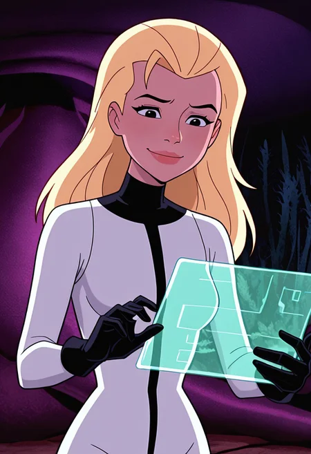 masterpiece, best quality, amazing quality, very aesthetic, absurdres, newest, ((parody, cartoon, screencap))
eunice, 1girl, long hair, blonde hair, lips, , eye liner, 
smile, expressive, facial expression, 
white body suit, black stripe, black turtle neck, black gloves,, alien plants, alien planet, holding tablet, hologram,