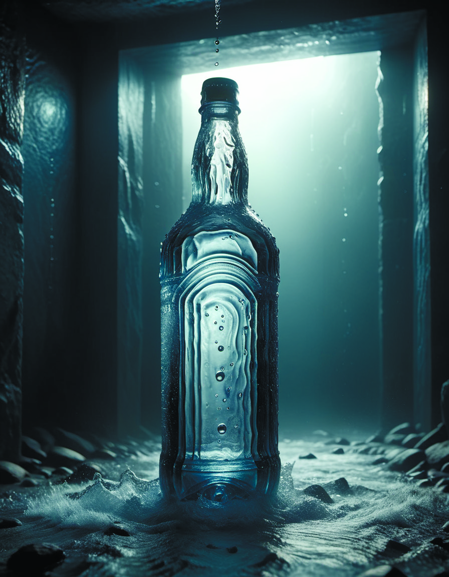a bottle of water falling through the depths of despair,dynamic lighting,photorealistic dark sci - fi concept,stunning visuals,creative,cinematic,ultra detailed,<lora:add-detail-xl:1.6>,watce <lora:watce-sdxl:0.8>,by diegocr,DonMn1ghtm4reXL [L#1053 Ridley Scott style <lora:Director Ridley Scott style:0.6>