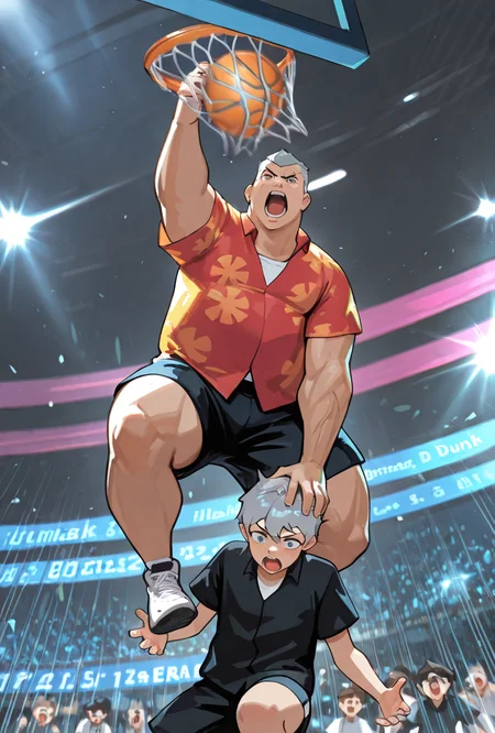 <lora:max-05:1> max, collared red shirt, grey hair, 1boy, short hair, short sleeves, hawaiian shirt, floral print,, expressive, posing, chubby, side view, <lora:Venom_Dunking_On_Spider-Man__Meme_Pose_Concept__IllustriousXL_and_NoobAI:1> 2boys , dunkonem, basketball uniform, basketball, slam dunk (basketball), jumping, hand on another's head, basketball (object), ,
BREAK, ben tennyson, motion blur, camera flash, comic cover, cover image, stadium, shouting, motion blur,, camera flash, stadium, masterpiece, best quality, amazing quality, very aesthetic, absurdres, newest,