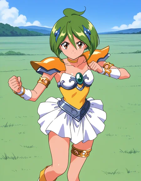 general,highres, ultra-detailed,very aesthetic,best quality ,best hands, BREAK <lora:Tamano_Hinagiku_IS:1> Tamano_Hinagiku, 1girl,solo, green hair, short hair, brown eyes, hair between eyes, 1990s (style),anime coloring,
solo, green eyes, smile, skirt, choker, looking at viewer, armor, armlet, jewelry, magical girl, thighlet, ahoge, outdoors, white skirt, shoulder armor, pauldrons, day, hair ornament, collarbone, shoulder pads, open parts,
serious face, fighting, punch,
grass, sky,