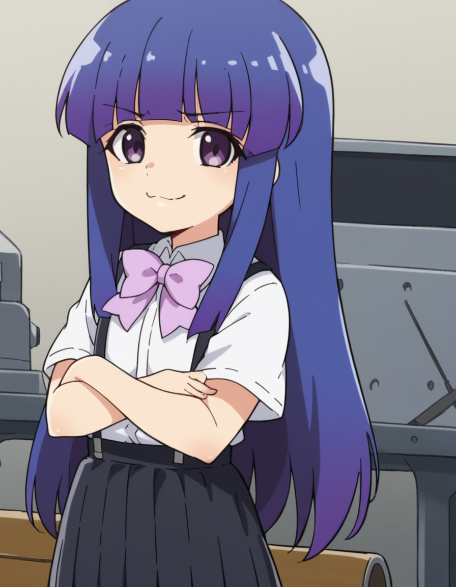 score_9, score_8_up, score_7_up, source_anime, <lora:rika-furude-s4-ponyxl-lora-nochekaiser:1>, rika furude, long hair, bangs, blue hair, purple eyes, blunt bangs, purple hair,, skirt, shirt, bow, school uniform, white shirt, short sleeves, pleated skirt, bowtie, black skirt, suspenders, pink bow, suspender skirt,, workshop, tools, workbench, projects, machinery, , crossed arms, smug, looking at viewer, solo,, dutch angle, cowboy shot