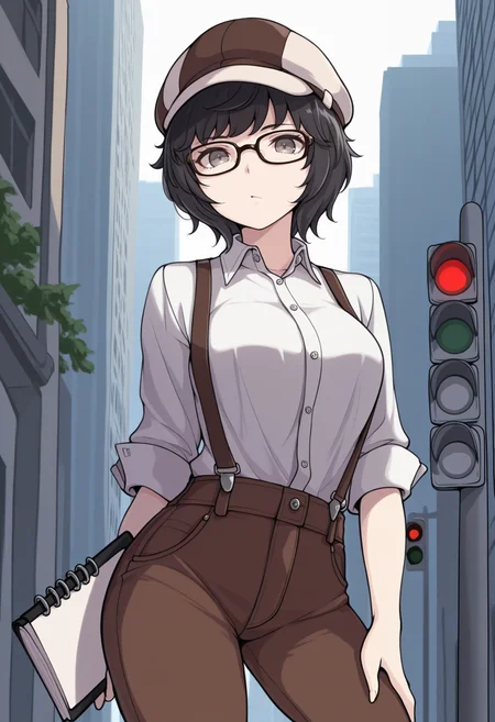 masterpiece, best quality, 1girl, notepad, looking at viewer, :/, contrapposto, <lora:MiyazuSMT-illu:1> m1ya, black hair, short hair, grey eyes, glasses, cabbie hat, dress shirt, sleeves rolled up, suspenders, brown pants, city, traffic light