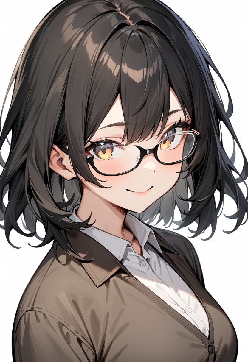 masterpiece, best quality, very aesthetic, absurdres,
1girl, solo, underrim_cell, glasses, black hair, medium hair, smile, looking at viewer, upper body, collared shirt, black framed eyewear,
white background, simple background,
<lora:under_rim_glasses_cell-frame_SDXL_V1:0.4>
