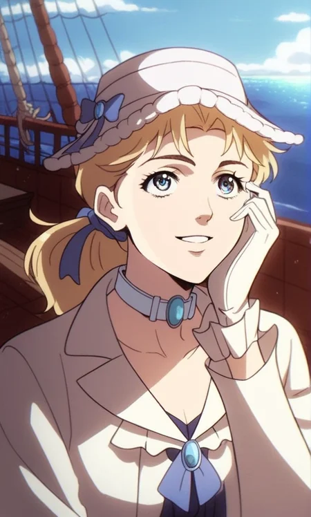 j0j0, score_8_up, score_7_up, source_manga, rating_questionable, <lora:j0j0XLP:0.4>, er1n4a, girl, blonde hair, messy hair, ponytail, blue eyes, smile expression, looking up, jewelled choker, ruffles, collar coat, hat, gloves, hand on face, upper body, outdoors, sunny day at sea on a ship, <lora:JoJos_Bizarre_Adventure_Erina_Pendleton_-_Pony:0.8>