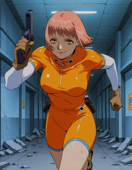 <lora:mikura-noupscale-illustrious-000020:1> mikuraova
bodysuit,
1girl, solo, running, handgun, sweat, smile, hallway, rubble, masterpiece, best quality