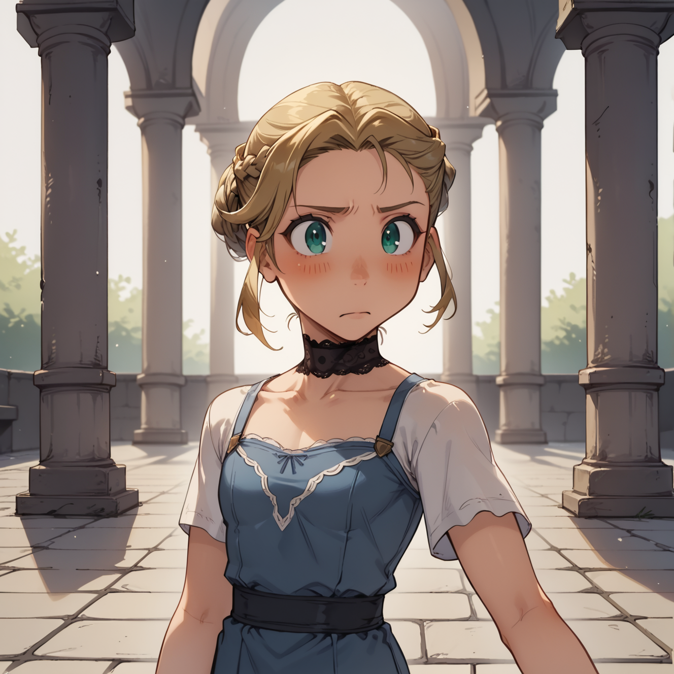 score_9, score_8_up, score_7_up BREAK 1girl, french braid, shiny skin, blush, lace choker, stone walkway, rating_safe