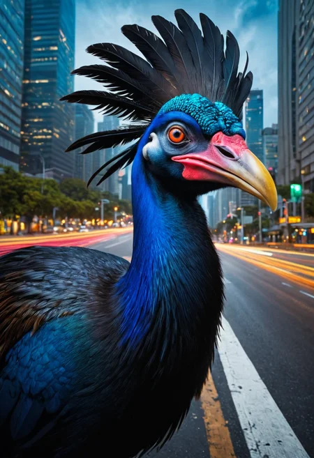 Hyperrealistic art (((Cassowary: Large flightless bird with glossy black feathers and a colorful casque on its head..  Answer. with exaggerated expressions))). Dynamic Urban Light Streaks: Stand near traffic at night and use long exposures (10-20 seconds) to capture car headlights and taillights as glowing streaks weaving through city streets.. (dynamic:1.1),sun rays,
{(taken by 5mm fisheye lens:1.1)|(taken by 10mm fisheye lens:1.1)|(taken by 12.5mm fisheye lens:1.1)}, 
(Vivid, HDR, Canon50, 8K, Hyper Realistic, Dramatic, Epic, Dynamic Contrast, Cinematic Lighting, increased brightness, Zoomed Out, Far away Shot. Epic dynamic lighting , vibrant,highly detailed,psychedelic, Psychedelic, rainbow glow)
((Vivid, Epic, Dynamic contrast)) (((Zoomed out, Far away shot, In frame)), (((Cinematic)))
<lora:juggernautXL_version6Rundiffusion:0.8> <lora:crystalClearXL_ccxl:0.8><lora:hyperkraximalism:0.2> hyperkraximalism 
<lora:rainbow_iris_v2:0.6> rainbow eyes . Extremely high-resolution details, photographic, realism pushed to extreme, fine texture, incredibly lifelike