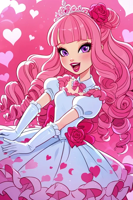 score_9, score_8_up, score_8, <lora:everafterhigh:0.8>, everafterhigh, lipstick, 1girl, solo, dress, gloves, long hair, purple eyes, pink hair, elbow gloves, tiara, flower, smile, frills, white gloves, frilled dress, open mouth, blush, looking at viewer, white dress, rose, short sleeves, puffy short sleeves, puffy sleeves, bow, jewelry, pink bow, drill hair, heart, :d, detached collar, pink dress, blunt bangs, layered dress