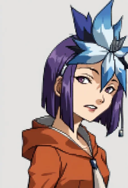 score_9, score_8_up, score_7_up, source_anime, BREAK, solo, 1girl, looking at viewer, <lora:Amane-pdxl_Fp:1>, amanedesu, purple eyes, purple hair, short hair, hair ornament, orange dress, hood, long sleeves, necktie, <lora:P2-Protraits-pdxl_Fp:1>, portrait, simple background,