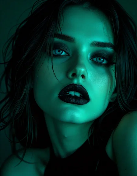 expressionist (dark mood masterpiece Photography:1.2), portrait of a mysterious Doomguy, with blue eyes and dark make up, dark eyeliner, she has sensuous lips, looking seductively, naughty. The extreme realism focuses on her detailed skin, showing fine textures and natural highlights. photography masterpiece, modern, irresistible beauty, fuzzy lighting, dark mood, unusual composition, use of negative space, (rule of thirds composition), simmetry, mysterious, emotional, flirting, groundbreaking unrivaled opus with unrivaled details, (Columbia Green color scheme), highly detailed, melancholic, low-light hyper detailed photography, catchlights, extremely high-resolution details, photographic, realism pushed to extreme, fine texture, incredibly lifelike, rear angle,style by luis royo . raw, emotional, dynamic, distortion for emotional effect, vibrant, use of unusual colors, detailed
