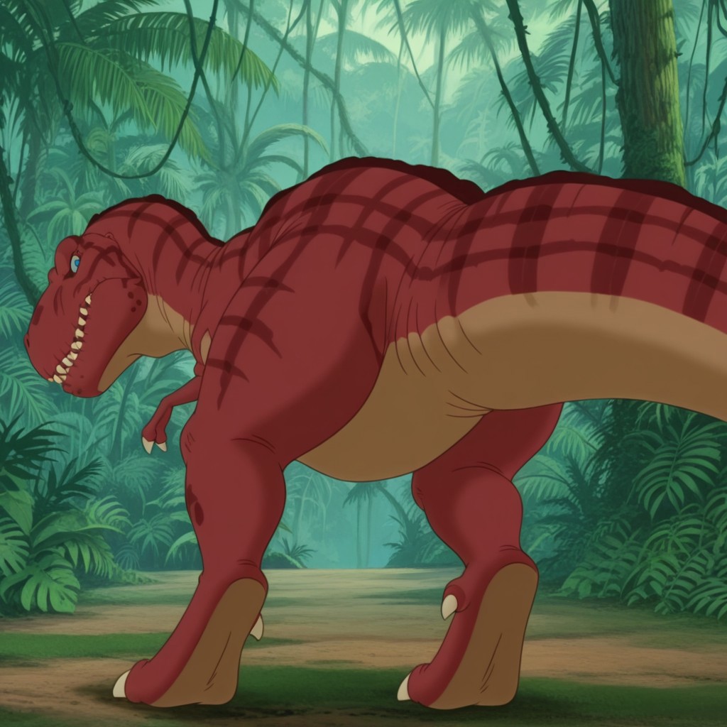 masterpiece, best quality, amazing quality, Tyrannosauruslbtil, feral, Tyrannosaurus rex, plaid skin, blue eyes, from behind, jungle