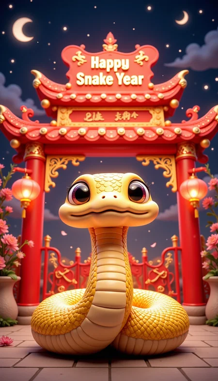pinkchibisnakeyear,
A golden snake wrapped around a traditional Chinese archway decorated with red and gold accents. Above the gate, "Happy Snake Year" glows brightly in the night sky.