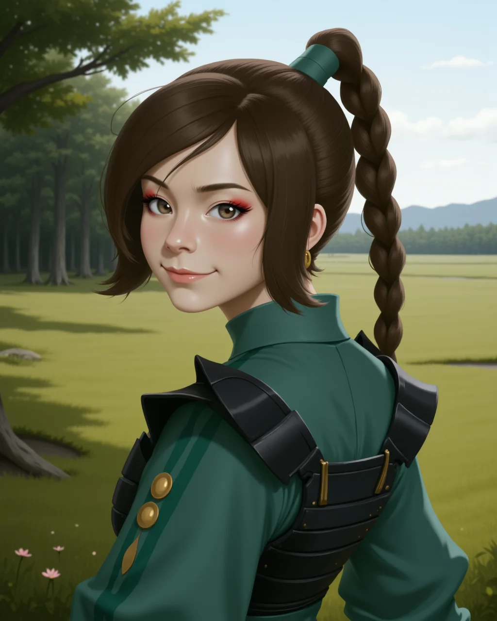 Semi-Realistic digital illustration Style in a wide shot. Looking at viewer, outdoors in daylight, 18 year old woman, Nostalgic with a soft smile, eyes gazing into the distance, and a gentle sigh of remembrance.
<lora:AirBender_-_Ty_Lee_v2-000040:1> ab-tylee, brown hair and gray-brown eyes, ponytail
black japanese armor, kyoshi white face makeup, long sleeves, green dress, golden pin through hair