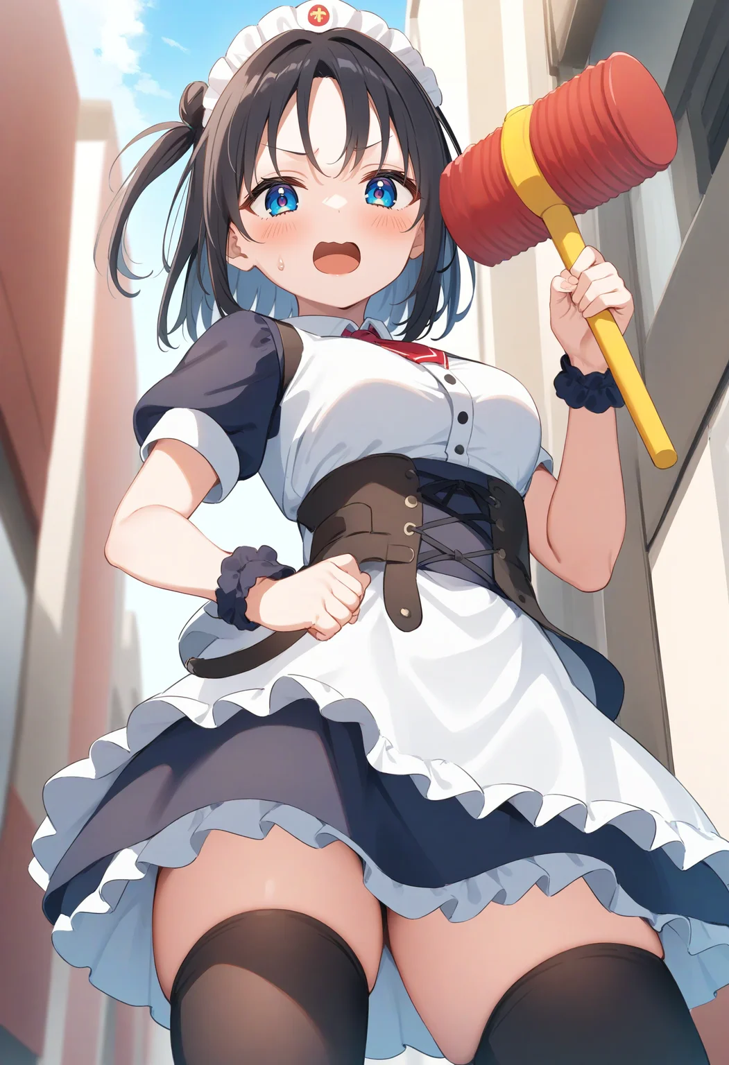 1girl,sincos, ningen mame, toosaka asagi,solo,medium breasts,20yo,maid,maid headdress,
piko piko hammer, toy hammer, holding, <lora:pikopikohammer_XL_v1:0.8>
from below, cowboy shot, looking at viewer, black hair, white eyes,disgust, skyscraper, open mouth, one side up hair,,
best quality, very aesthetic, absurdres