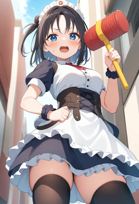 1girl,sincos, ningen mame, toosaka asagi,solo,medium breasts,20yo,maid,maid headdress,
piko piko hammer, toy hammer, holding, <lora:pikopikohammer_XL_v1:0.8>
from below, cowboy shot, looking at viewer, black hair, white eyes,disgust, skyscraper, open mouth, one side up hair,,
best quality, very aesthetic, absurdres