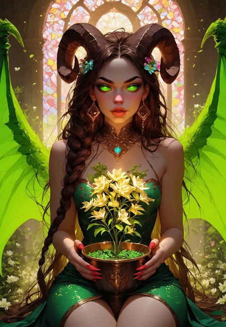safe_pos, safe_pos, score_9, score_8_up, score_7_up, score_6_up, score_5_up, score_4_up, masterpiece, high quality, succubus short, beautiful, seductive, white skin, curvy, hourglass figure, wide hips, small breasts, perky breasts, chocolate brown hair, long hair, braided hair, side braid, glowing eyes, green eyes, big mouth, filled lips, small ears, round ears, human ears, round face, snub nose, beautiful face, aesthetic face, bronze horns, large wings, green wings, curved horns, ram horns, vibrant colours, colourful long claws, colourful long tail, hair covered in flowers, lots of flowers, colourful jewelry, friendly, naughty, mischievous, friendly smile, body covered in grasping vines and roots, grasping roots touching flowers with hands, sitting on edge of bed, holding pot of flower on lap, holding pot of flower with hands, flowers everywhere, green fog, green smoke, green pollen, brothel room, golden and green decorations in background, bronze columns in background, decorated window in background, artistic background Expressiveh, g0th1c