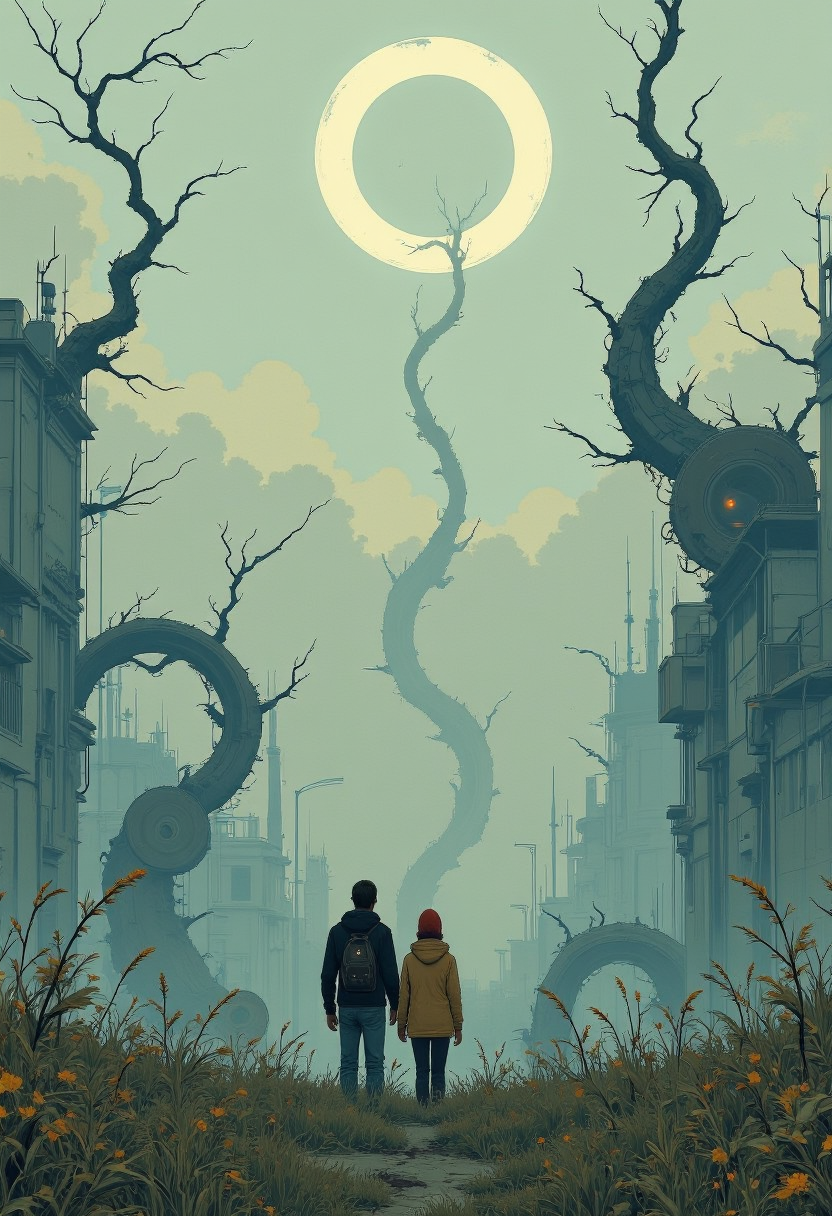 A digital painting of a serene, misty landscape with a large, glowing moon in the background. Two figures, a man and a woman, are standing in a field of tall grass, facing away from the viewer, with the man wearing a black jacket and the woman wearing a yellow jacket. The man has a backpack on his back. The woman is wearing a red beanie. The scene is filled with tall, twisted vines and mechanical structures, creating a surreal and dreamlike atmosphere. The colors are muted and muted, with a soft, ethereal quality. The style is reminiscent of sci-fi and fantasy art.