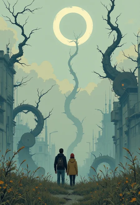 A digital painting of a serene, misty landscape with a large, glowing moon in the background. Two figures, a man and a woman, are standing in a field of tall grass, facing away from the viewer, with the man wearing a black jacket and the woman wearing a yellow jacket. The man has a backpack on his back. The woman is wearing a red beanie. The scene is filled with tall, twisted vines and mechanical structures, creating a surreal and dreamlike atmosphere. The colors are muted and muted, with a soft, ethereal quality. The style is reminiscent of sci-fi and fantasy art.