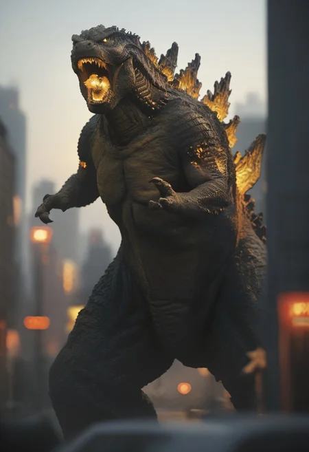 Score_9, score_8_up, score_7_up, score_6_up, zPDXL3, wide shot, monster focus, BREAK, realistic,hyperrealism,ornate,studio photograph, skinny Godzilla kaijuu,gigantic monster, glowing orange yes, roaring, model_buildings, model_kit_(medium), city skyline, plastic buildings, forced perspective, blurry background, building, outdoors,