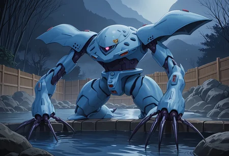 score_9, score_8_up, score_7_up, source_anime, front view, BREAK,  ( hygogg, blue_hygogg_armor, pink monoeye, from side, looking at viewer, long arms, very long arms, long claws) 1mech, blue mech, wide mech, large shoulders, large shoulder armor, mech focus, solo, BREAK, two arms, submerged in hot spring, swimming, ruanyi0653,onsen,fence,rock,water,fog, partially underwater,
