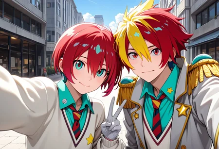 masterpiece, best quality, amazing quality, absurdres, newest, detailed background, definition so sharp, Ultra-HD, 8K cinematic, very awa, impressionate, amazing quality, highres,
duo, couple focus, different high, different size, side by side, v, selfie, upper body, day, blue sky, outdoor,
BREAK
1boy, kagayakibishounen, takuto_red eyes, takuto,red hair, short hair, takuto_gingabishounen, two-toned hair, dyed bangs, coat, ascot, epaulettes, aiguilette, star (symbol), gloves, white shirt,
BREAK
1girl, amate yuzuriha,aqua shirt,striped necktie,white sweater,