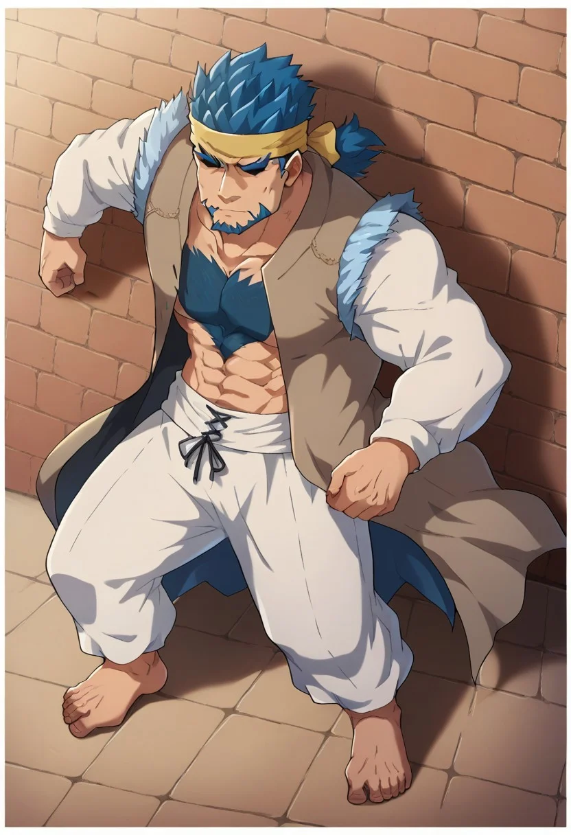 score_9, score_8_up, score_7_up, score_6_up, sperfect anatomy, perfect proportions, best quality, masterpiece, high-resolution, high quality, aesthetic, absurdres, (male focus), solo male, source_anime \(Bucchigiri\), anime coloring, BERKenichiro, Kenichiro Doman \(Bucchigiri\), hidden eyes, eyes in shadow, eyes hidden by shadows, dark blue hair, ponytail, sideburns, facial hair, goatee, Arabic costume \(Bucchigiri\), yellow headband, ((white Arabic shirt \(Bucchigiri\), long sleeves)), ((grey sleeveless coat, long coat, open coat)), blue waist sash, white sirwal \(pants\), white baggy pants, barefoot, adult, mature, masculine, manly, handsome, charming, alluring, upper body, dutch angle, cowboy shot, collarbone
