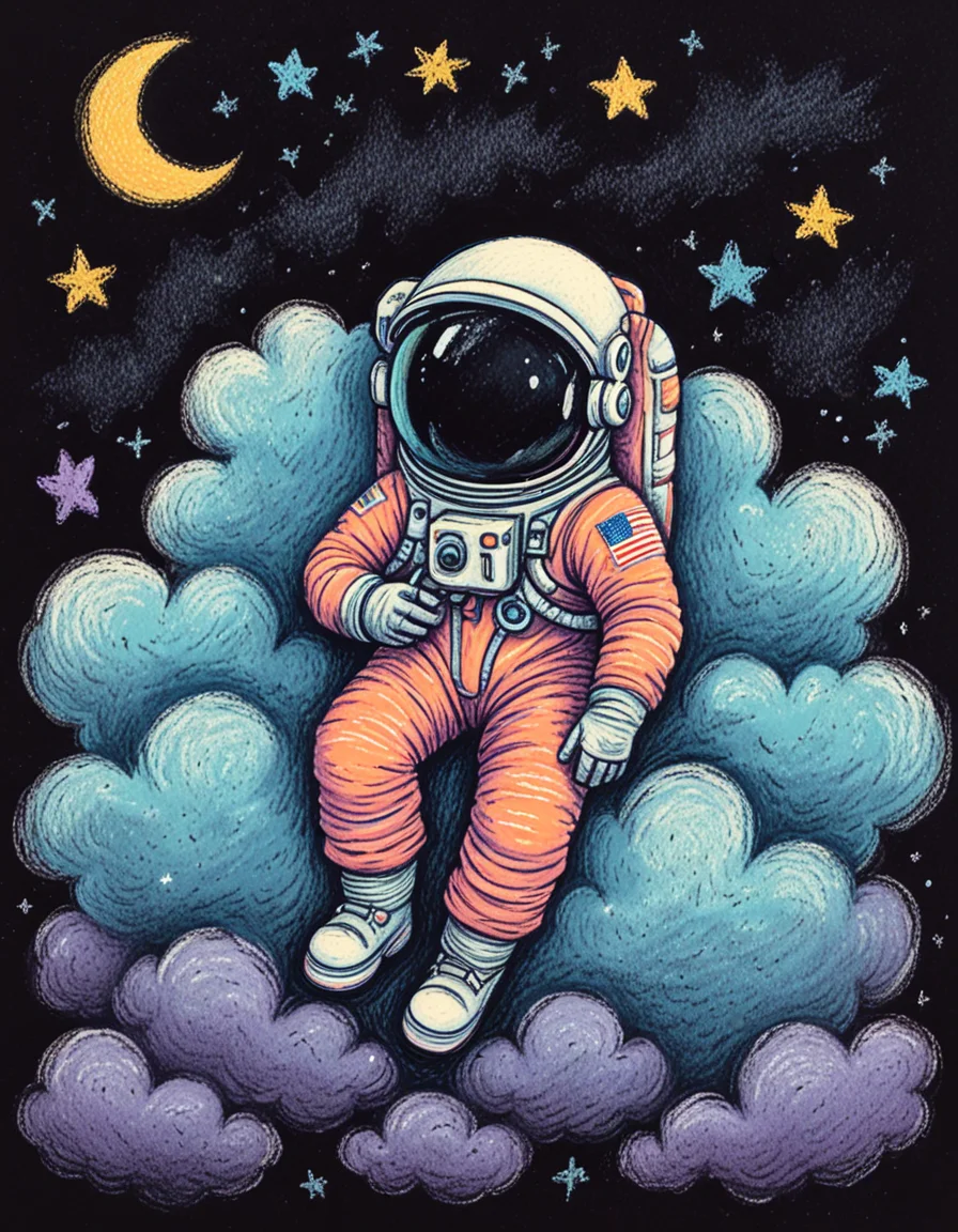 astronaut sleeping on a cloud, stars, moon novuschroma13 style pastels illustration on black <lora:novuschroma13 style_2:1> <lora:sdxl_lightning_8step_lora:1>