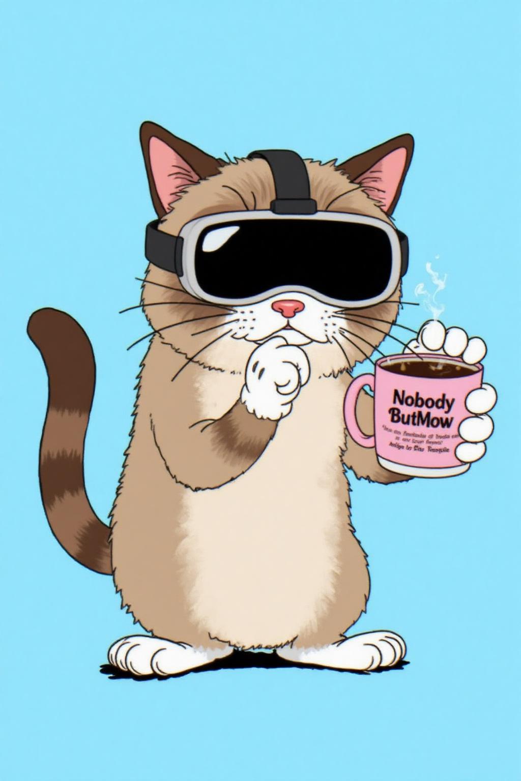 rubber hose animation style.
Grumpy Cat holding a coffee mug, wearing a VR Headset. The mug has the phrase "NobodyButMeow" printed
 <lora:rubberhose1_cap_d8a4:1.0><lora:844409554432245539:0>