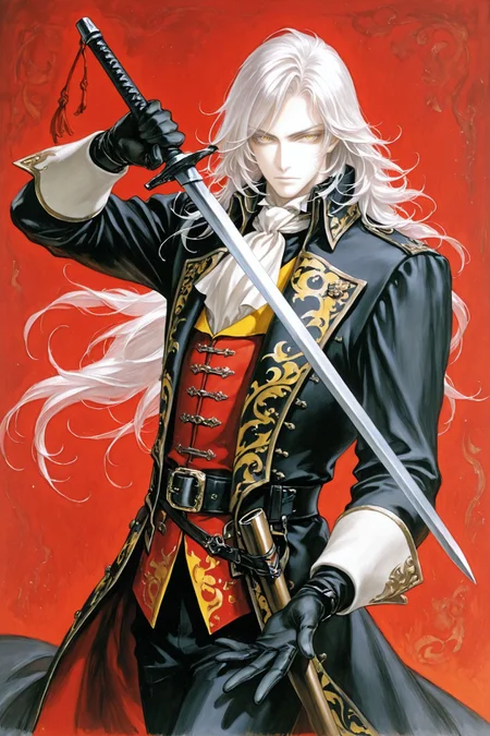 1boy,male focus,solo,weapon,sword,white hair,long hair,gloves,traditional media,holding weapon,pale skin,holding,painting \(medium\),holding sword,looking at viewer,red background,long sleeves,yellow eyes,bishounen,ascot,
<lora:Ayami Kojima_illustriousXL:1.2>,