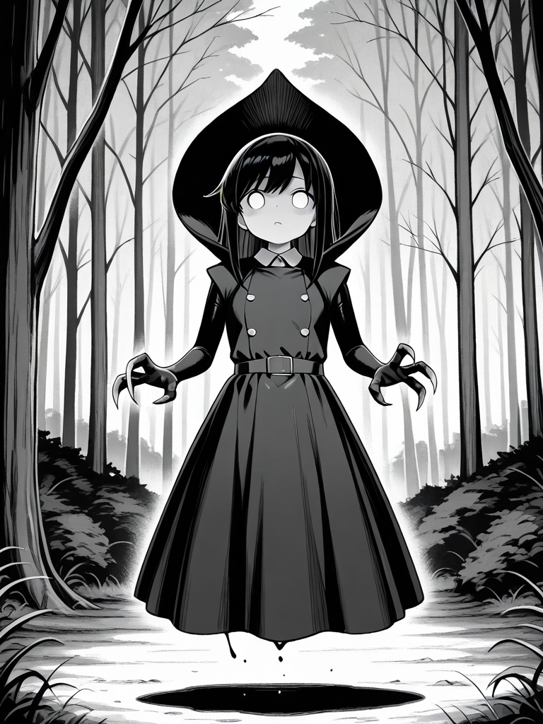 <lora:IL_flatwoods_monster:1>,flatwoods_monster/(Character/),forest,monochrome,floating,no humans,blank eyes,
claws,dress,hood,asashio \(kancolle\),, masterpiece,best quality,amazing quality,very aesthetic,absurdres,