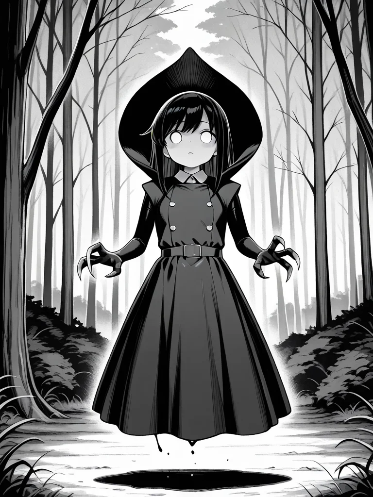 <lora:IL_flatwoods_monster:1>,flatwoods_monster/(Character/),forest,monochrome,floating,no humans,blank eyes,
claws,dress,hood,asashio \(kancolle\),, masterpiece,best quality,amazing quality,very aesthetic,absurdres,