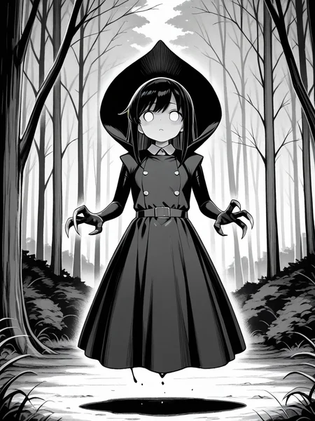 <lora:IL_flatwoods_monster:1>,flatwoods_monster/(Character/),forest,monochrome,floating,no humans,blank eyes,
claws,dress,hood,asashio \(kancolle\),, masterpiece,best quality,amazing quality,very aesthetic,absurdres,