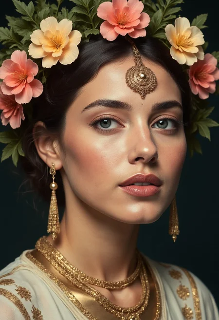 Full sexy female portrait, ornaments, flowers, golden jewelery, golden tattoos, fractal freestyles