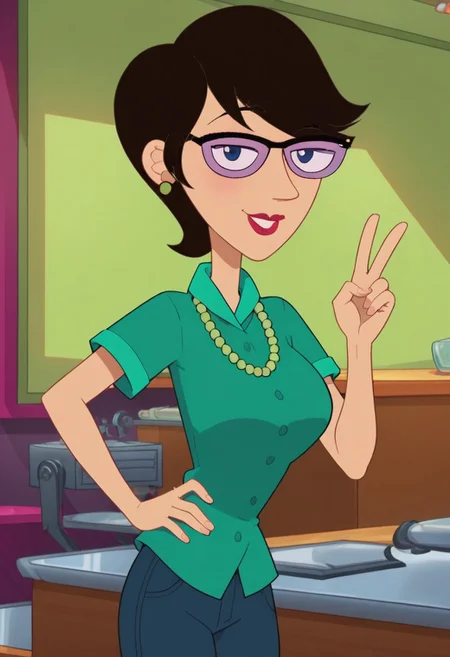 ((room background)), score_9, score_8_up, score_7_up,score_6_up,
1girl, solo, Charlene_PAF, light skin, black hair, short hair, glasses, dark blue eyes, light green pearl earrings, light green pearl necklace, green polo shirt, blue jeans, black flat shoes, smile, perfect smile, tall, perfect eyes, looking at viewer, big breasts, standing, (waist shot) five fingers, perfect hands, (hand on hip, hand up, v sign)