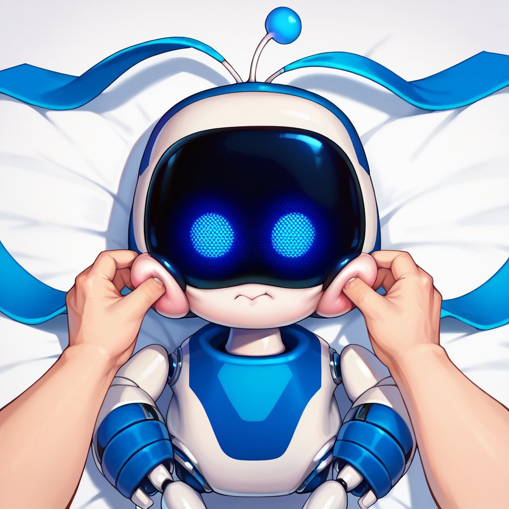 score_9, score_8_up, score_7_up,solo, humanoid robot, antennae, blue eyes, glowing, blue scarf, cheek pinching, pov hands, puffy cheeks