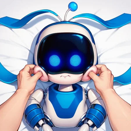 score_9, score_8_up, score_7_up,solo, humanoid robot, antennae, blue eyes, glowing, blue scarf, cheek pinching, pov hands, puffy cheeks