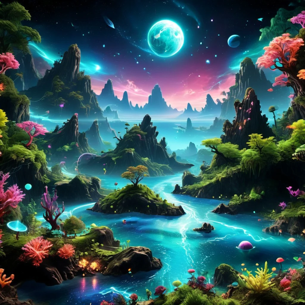 ultra high res, masterpiece, beautiful lighting, highest quality, lush green forest, Mountains, Bright sunlight illuminates the crystal-clear blue water, alien world, photorealistic, beautiful night sky with planets and stars and galaxies, nebula, vivid colors, neon eco system, neon trees, neon leaf, neon corals
,Illuminated communication network,