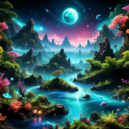 ultra high res, masterpiece, beautiful lighting, highest quality, lush green forest, Mountains, Bright sunlight illuminates the crystal-clear blue water, alien world, photorealistic, beautiful night sky with planets and stars and galaxies, nebula, vivid colors, neon eco system, neon trees, neon leaf, neon corals
,Illuminated communication network,