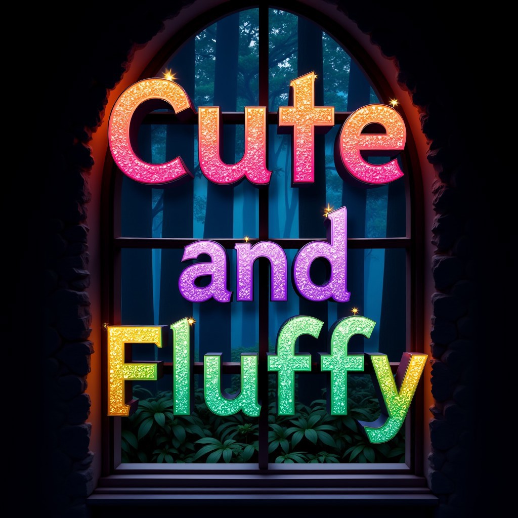 The words, 'Cute and Fluffy,' Overlayed in rainbow fractal style over a window showing the well-lit fae forest at night, brilliant and vibrant text focus, the fae forest has verdant foilage lit with magical lights