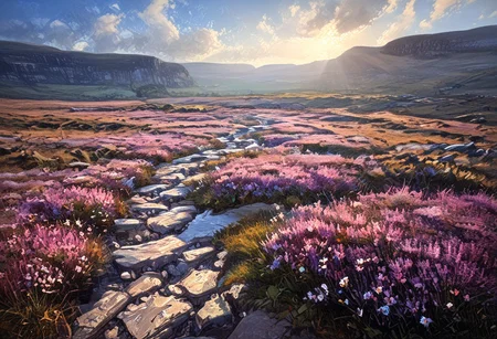 Limestone Pavement, valley, heather moorland, Yorkshire Dales, windy, ((Highest quality:1.0),(High resolution:1.0), (masterpiece:1.0), (ground level view:0.6, viewer looking up:0.6), beautiful and aesthetic:1.3), extreme detailed, colorful, highest detailed,((ultra-detailed)),(highly detailed CG illustration),,