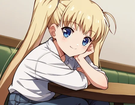 score_9, score_8_up, score_7_up, source_anime, <lora:airi-akizuki-ponyxl-lora-nochekaiser:1>, airi akizuki, long hair, blue eyes, blonde hair, twintails,, shirt, white shirt, pants, denim,, indoors, smile, looking at viewer, solo, sitting, head rest, table,, cowboy shot, dutch angle