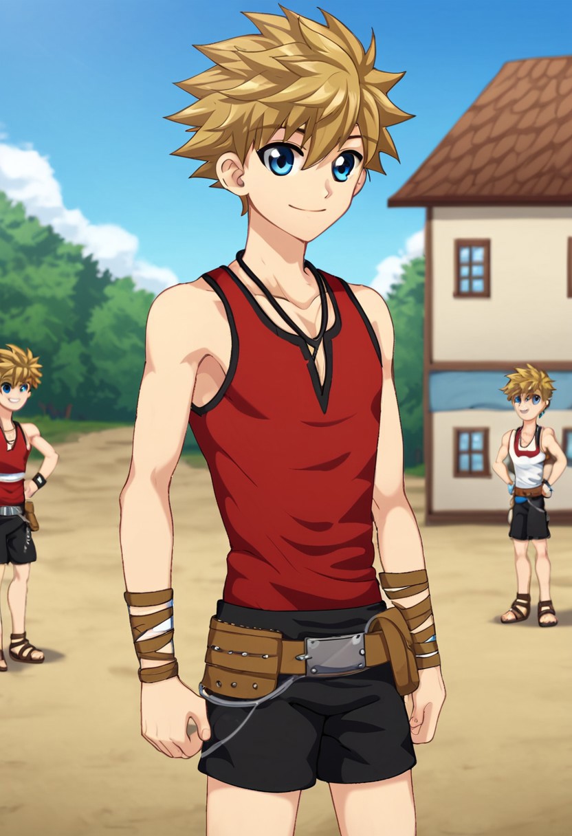 connor bleufin, blond hair, short hair, spiky hair, blue eyes, 1boy, solo, solo focus, medium build body, wear red tank top, wear black shorts, outdoor, sunny day, clear sky, standing