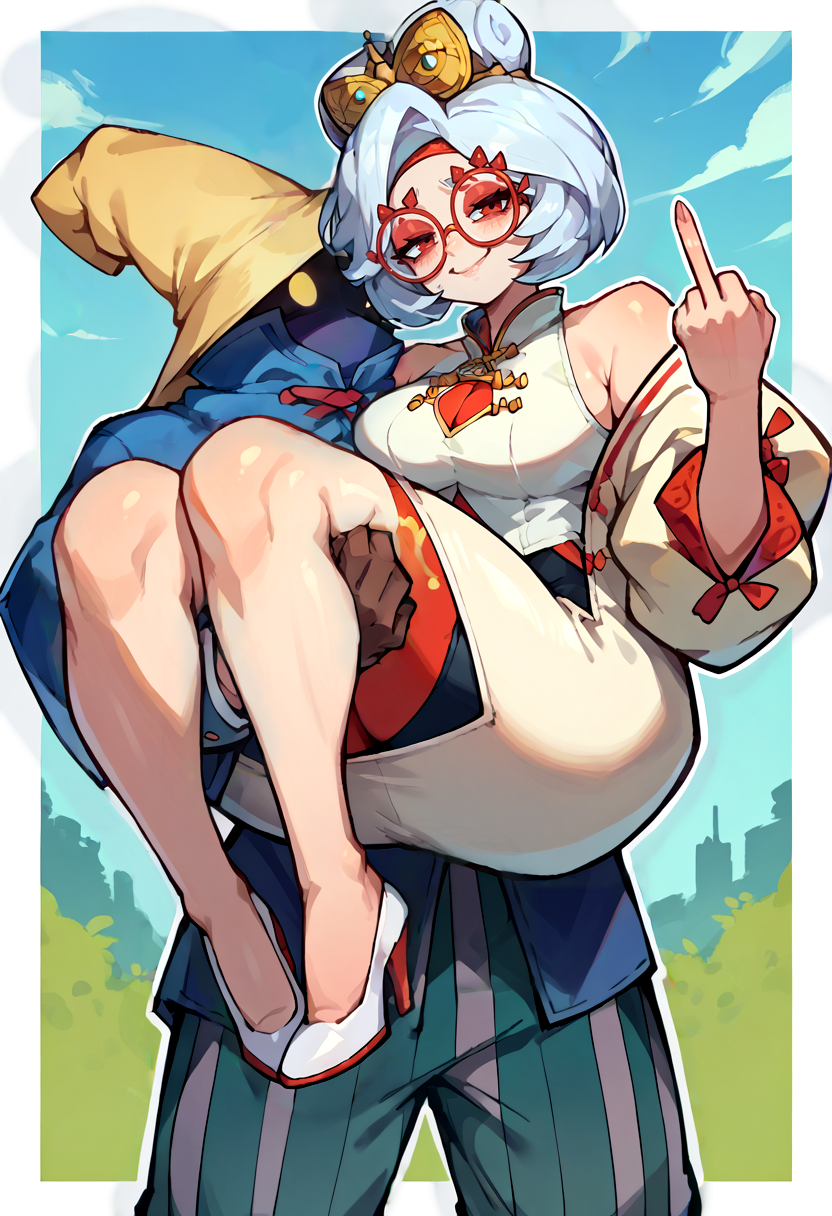 score_9, score_8_up, score_7_up, source_anime, 1boy, 1girl,  looking at viewer, princess carry, BREAK <lora:Ziggy-pdxl_Fp:0.8>, ziggy, yellow eyes, shaded face, faceless, no mouth, wizard hat, striped pants, blue cloak, robe, brown gloves, long sleeves, BREAK <lora:purah-pdxl-nvwls-v1:1>, purah, hair ornament, red headband, red glasses, sleeveless shirt, white coat, black skirt, red leggings, high heels, smug, middle finger,